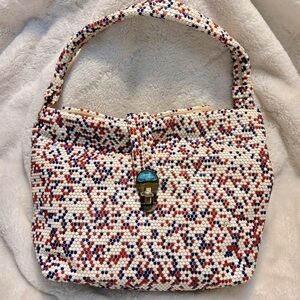 Lumured Vintage Purse Luma Mesh White Red Blue Flat Beaded Bag Bronze Hardware